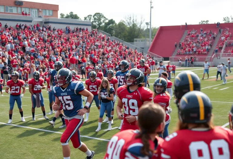 Players on a football field during a game, representing Richmond high school teams.