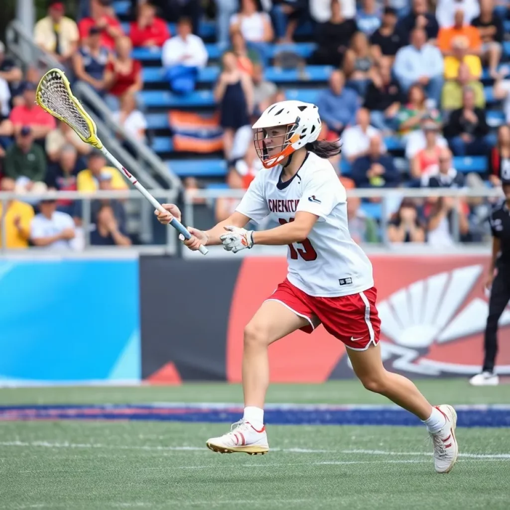 A young female lacrosse player energetically playing on the field.