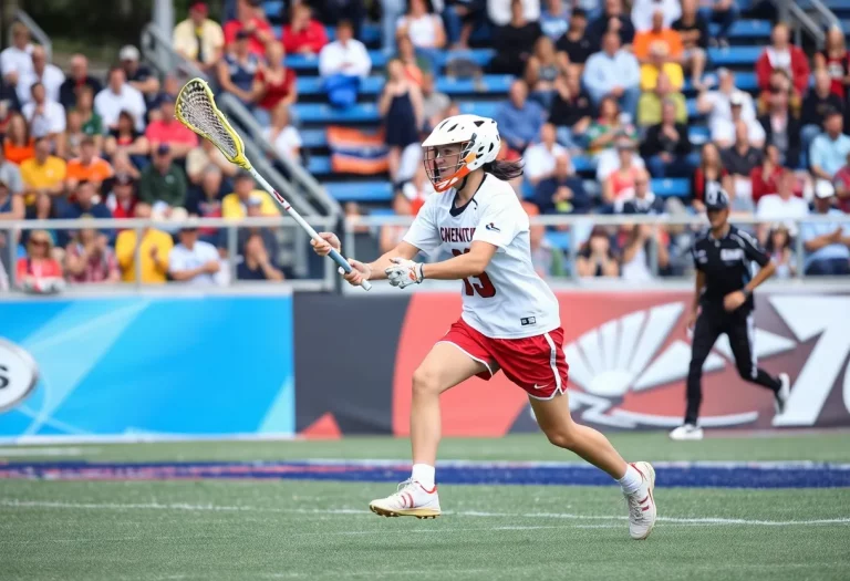 A young female lacrosse player energetically playing on the field.
