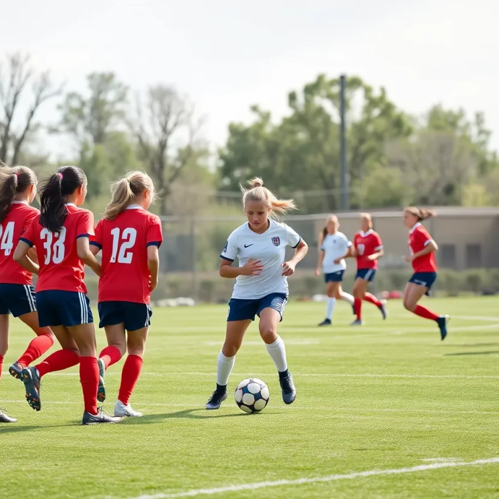 High school girls soccer players on the field during a match