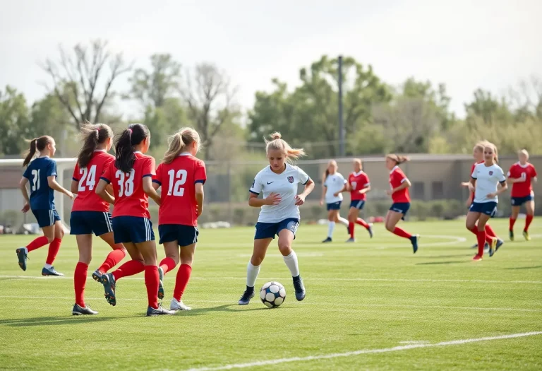 High school girls soccer players on the field during a match