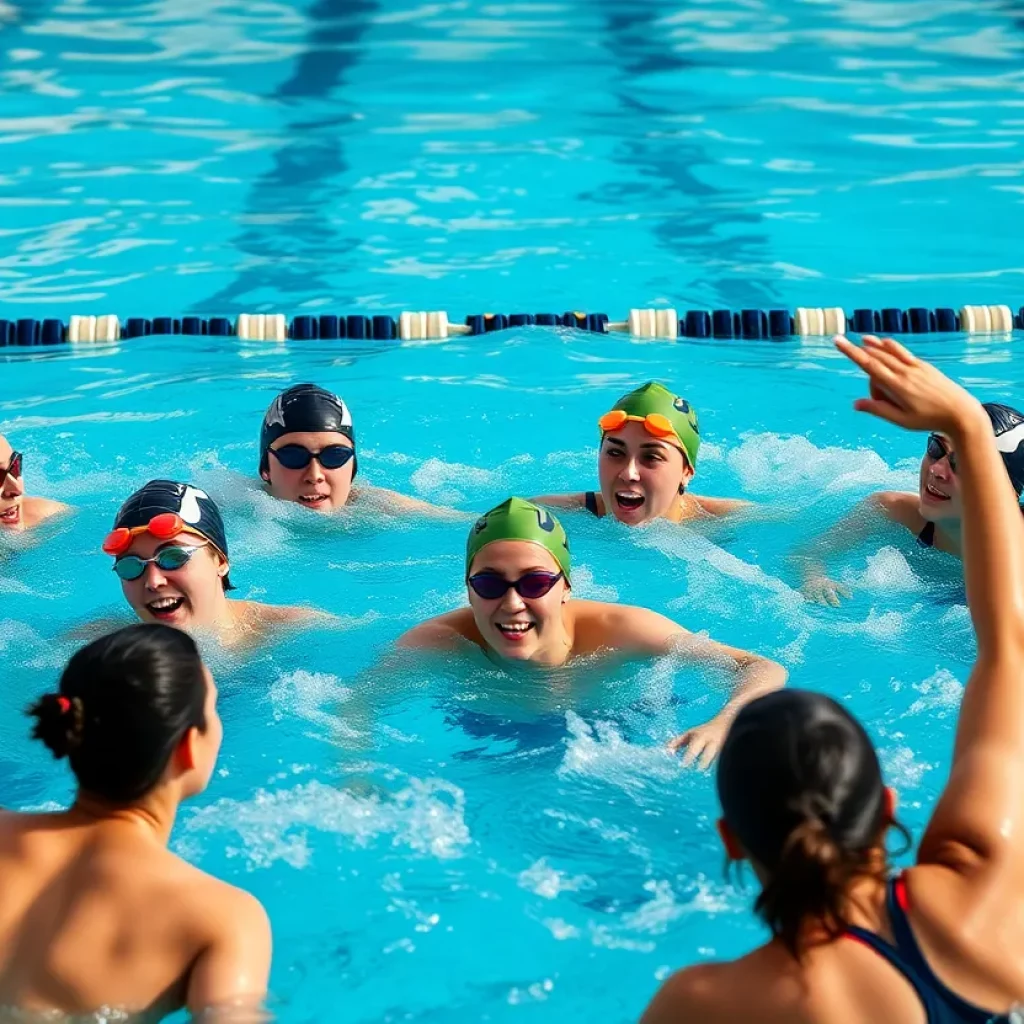 High school swim team training in a pool, demonstrating teamwork and focus.