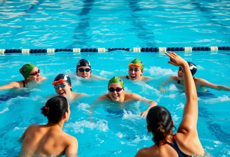 High school swim team training in a pool, demonstrating teamwork and focus.