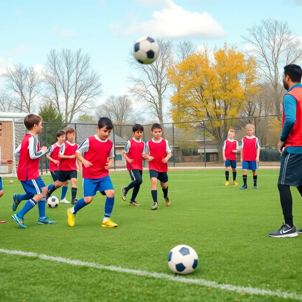 High school boys soccer players practicing on the field