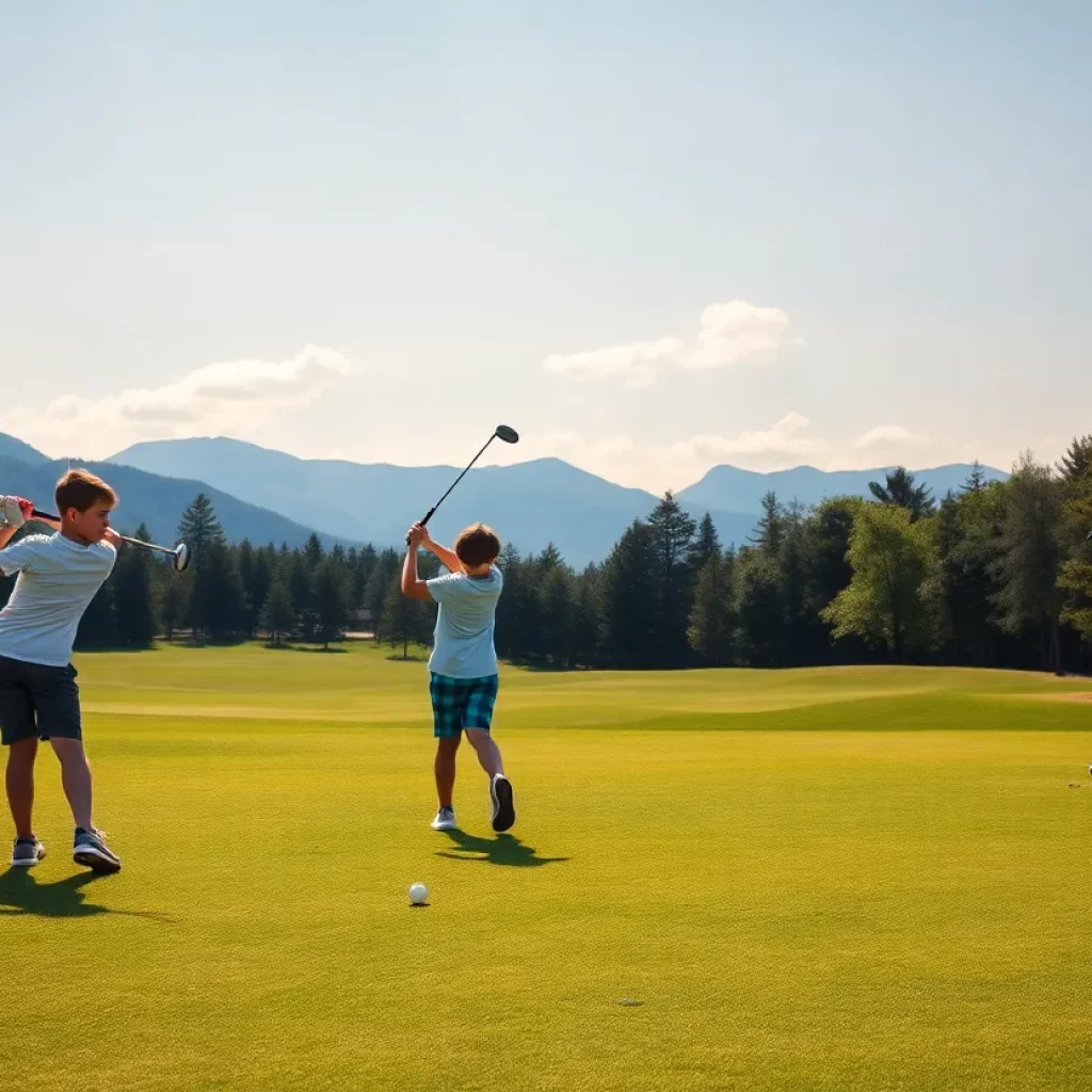Young golfers practicing swings on a beautiful golf course