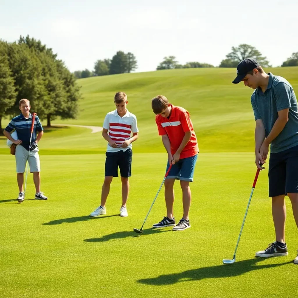 Boys' golf team practicing on the green