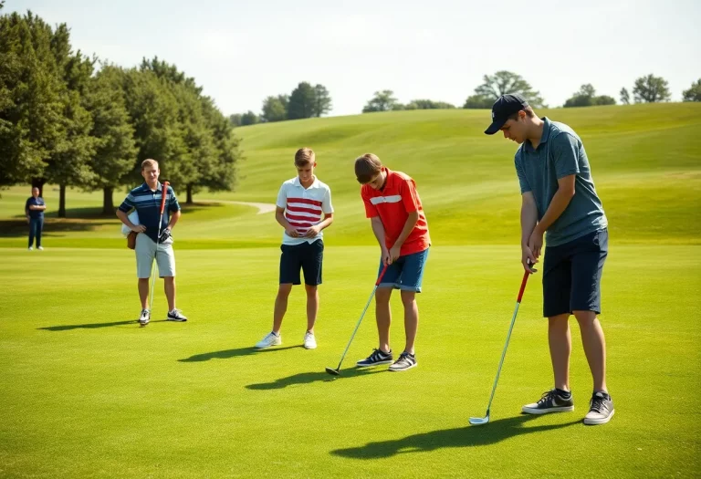Boys' golf team practicing on the green