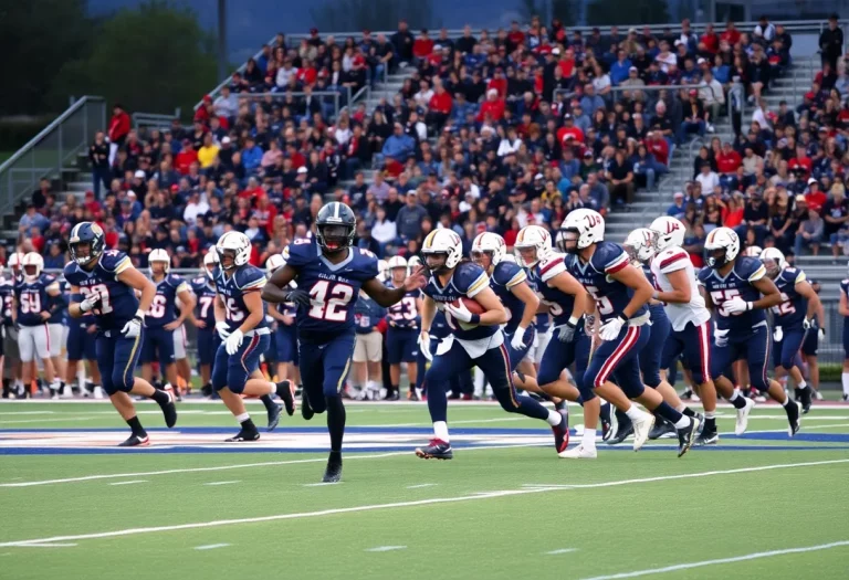 High school football players in action during a game in Salt Lake City.
