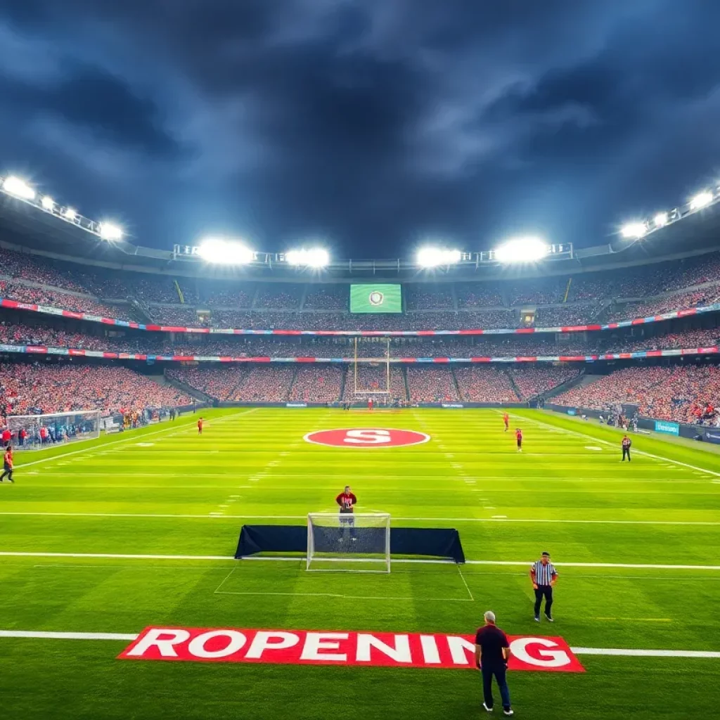 Fans and players at the grand re-opening of Seger Stadium