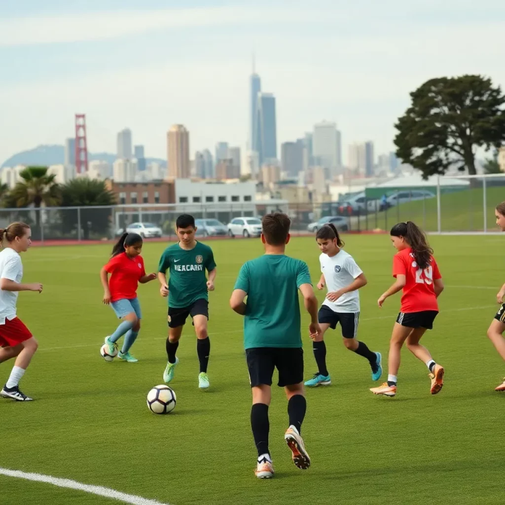 Students practicing soccer on a field in San Francisco