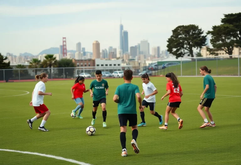 Students practicing soccer on a field in San Francisco