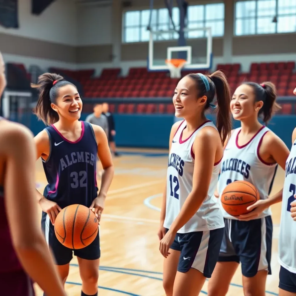 Skyline girls basketball team practicing on the court