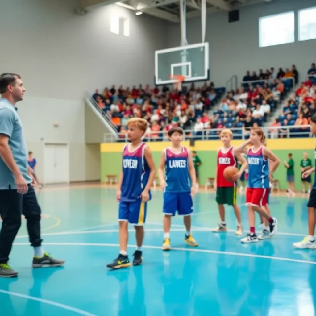 Young athletes practicing basketball under a coach's guidance in a vibrant gym setting.