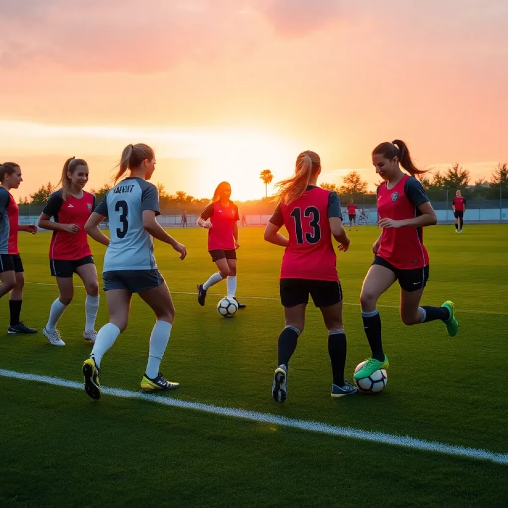 Group of young female soccer players training on a field at sunset.