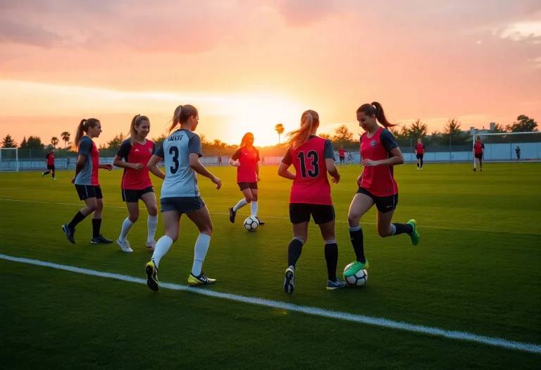 Group of young female soccer players training on a field at sunset.