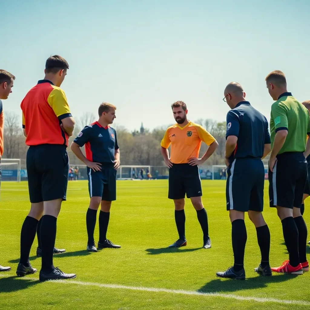 Soccer referees discussing game rules on a field.
