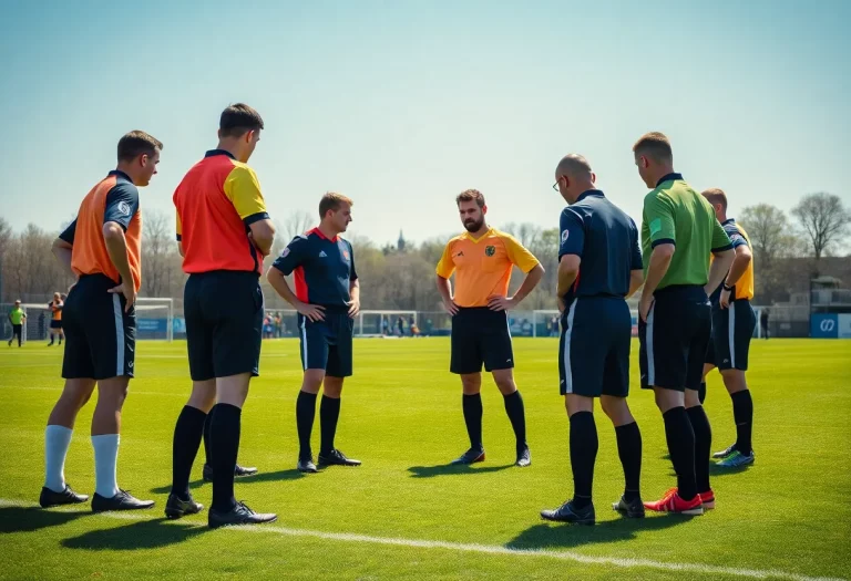 Soccer referees discussing game rules on a field.