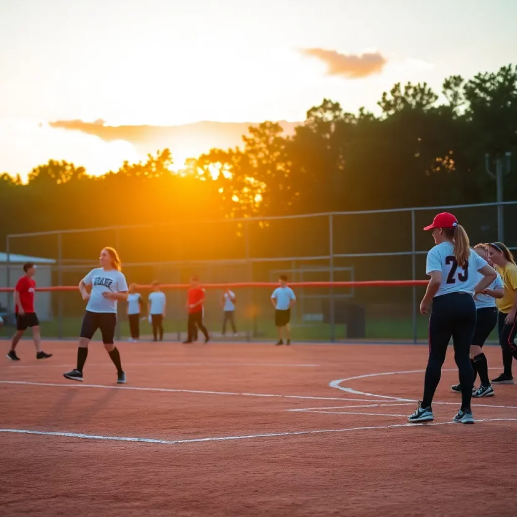 Sunset view of a softball field with players practicing