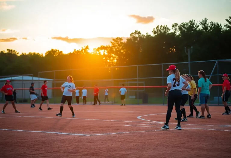 Sunset view of a softball field with players practicing
