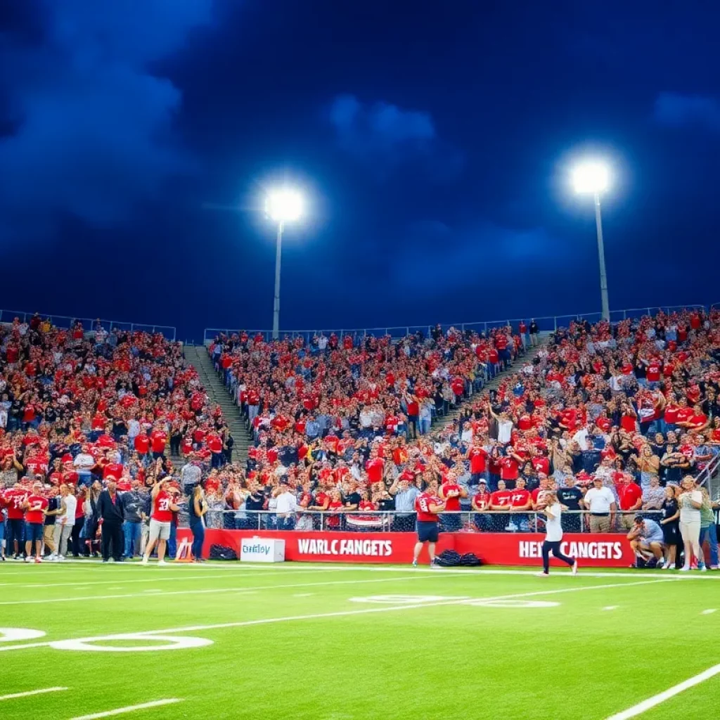 Fans cheering in a stadium at the high school football season kickoff.