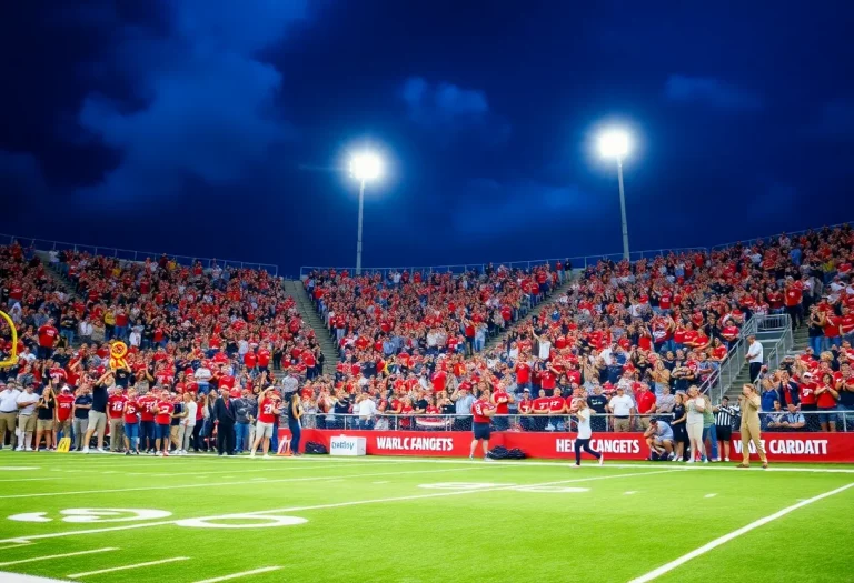 Fans cheering in a stadium at the high school football season kickoff.