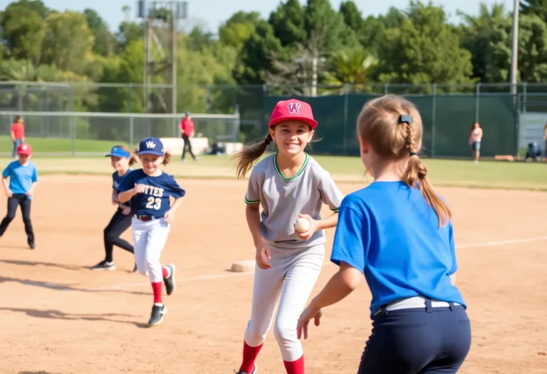Softball field with players during a game