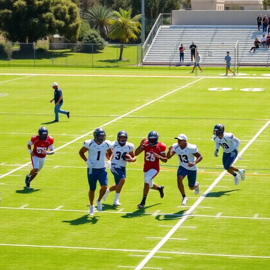 High school football players on the field in Southern California