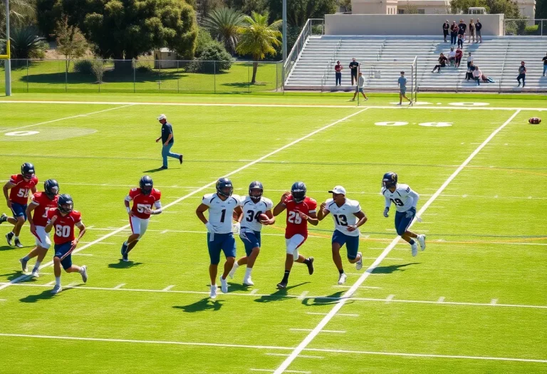 High school football players on the field in Southern California