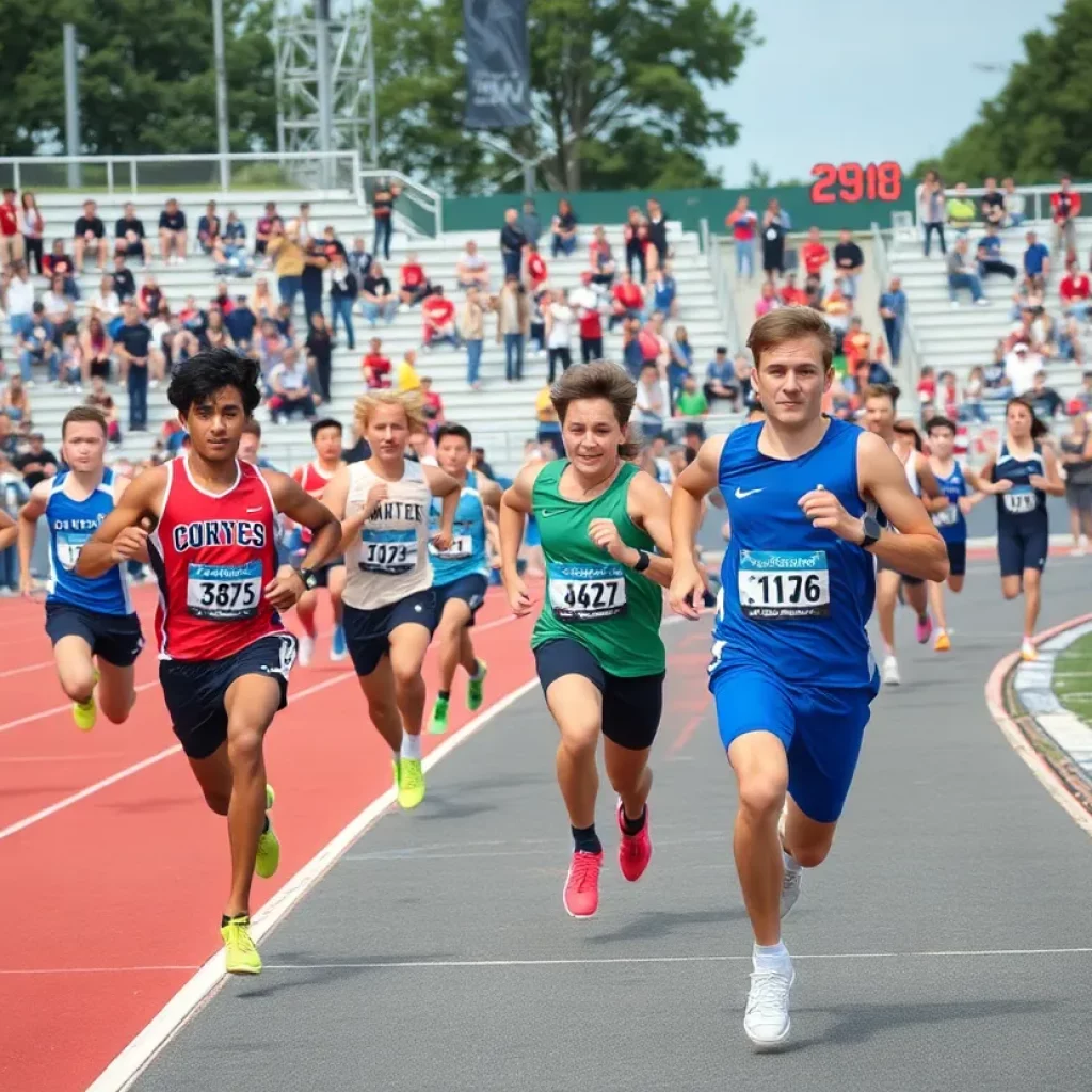 High school athletes competing in a relay race at the Iowa State Track Championships.