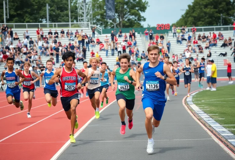 High school athletes competing in a relay race at the Iowa State Track Championships.