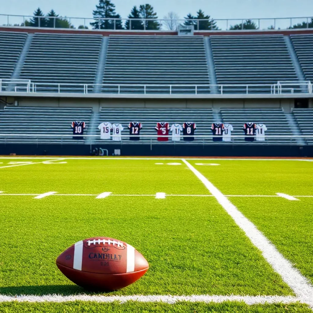 Empty football field of Springfield High School with jerseys hanging