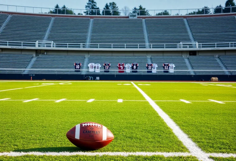 Empty football field of Springfield High School with jerseys hanging