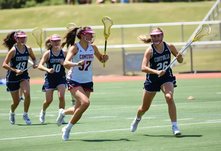 Female lacrosse players in action during a game representing school spirit and competition.