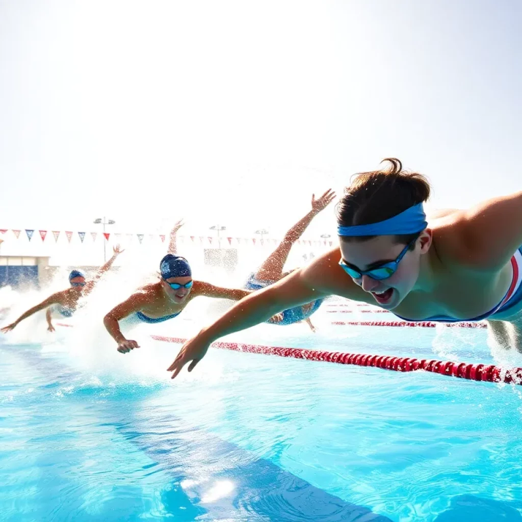 High school swimmers diving into the water at a swimming competition in Southwest Florida