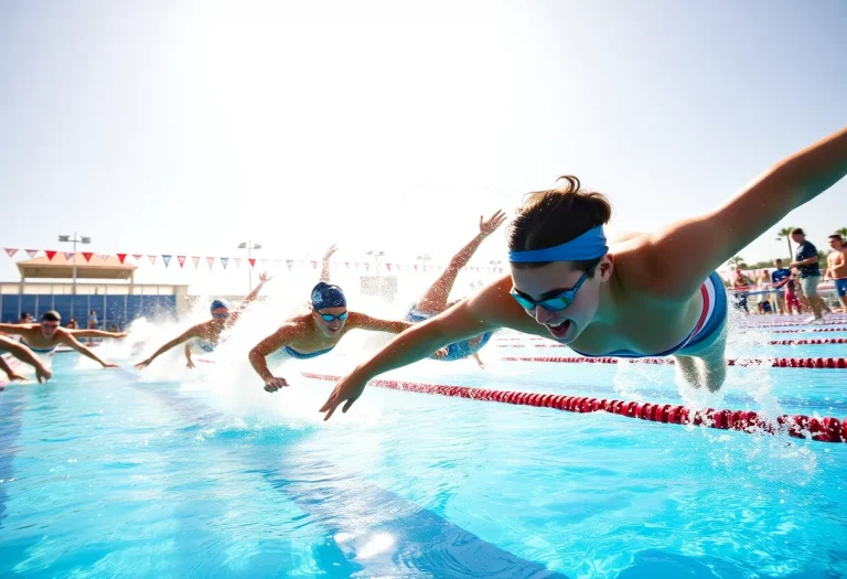 High school swimmers diving into the water at a swimming competition in Southwest Florida