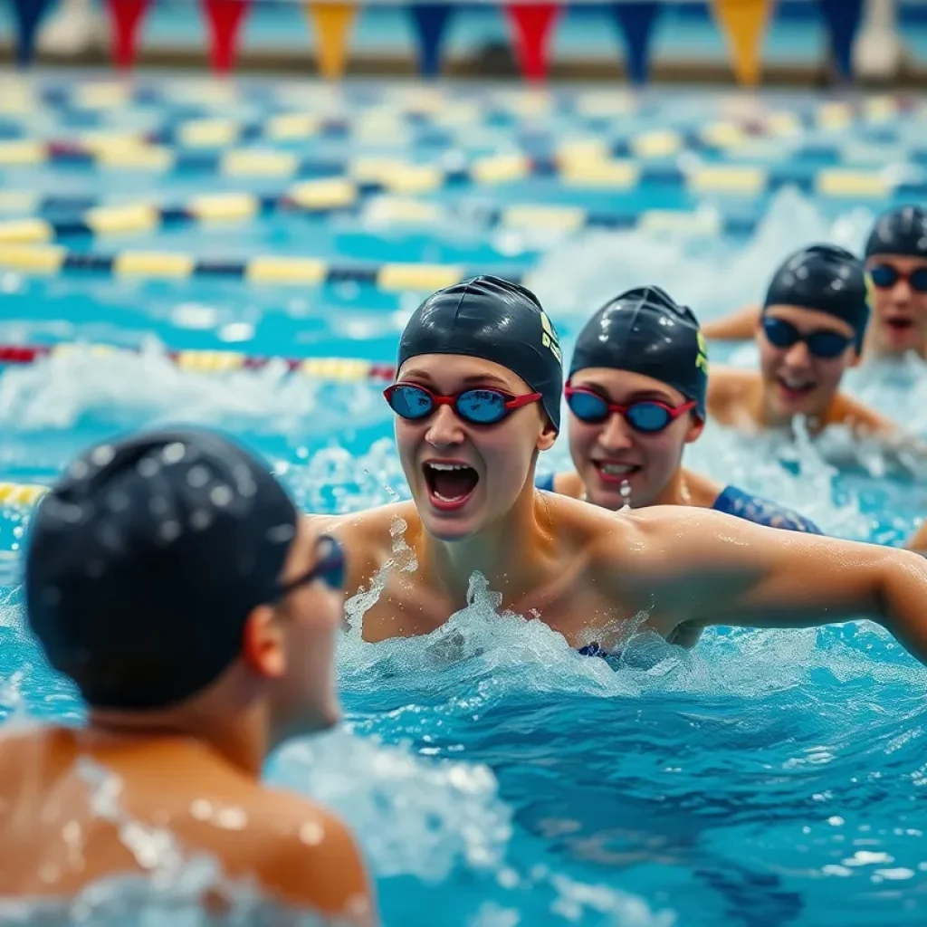 A group of swimmers diving into a pool for a race.