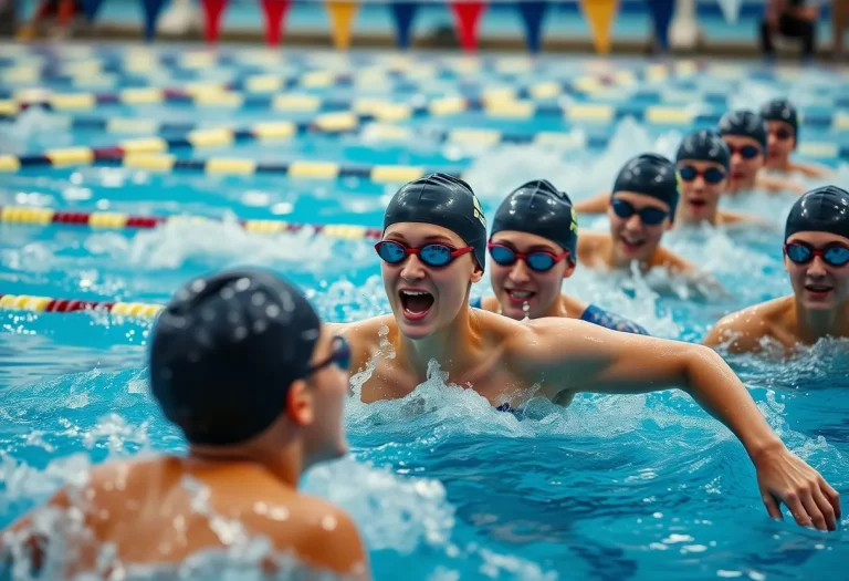 A group of swimmers diving into a pool for a race.