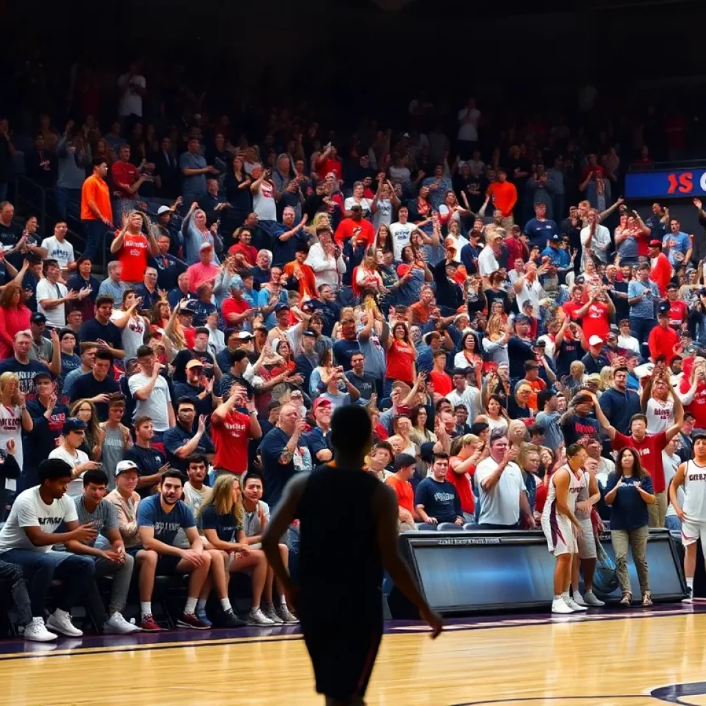 Crowd of basketball fans cheering at a Syracuse game