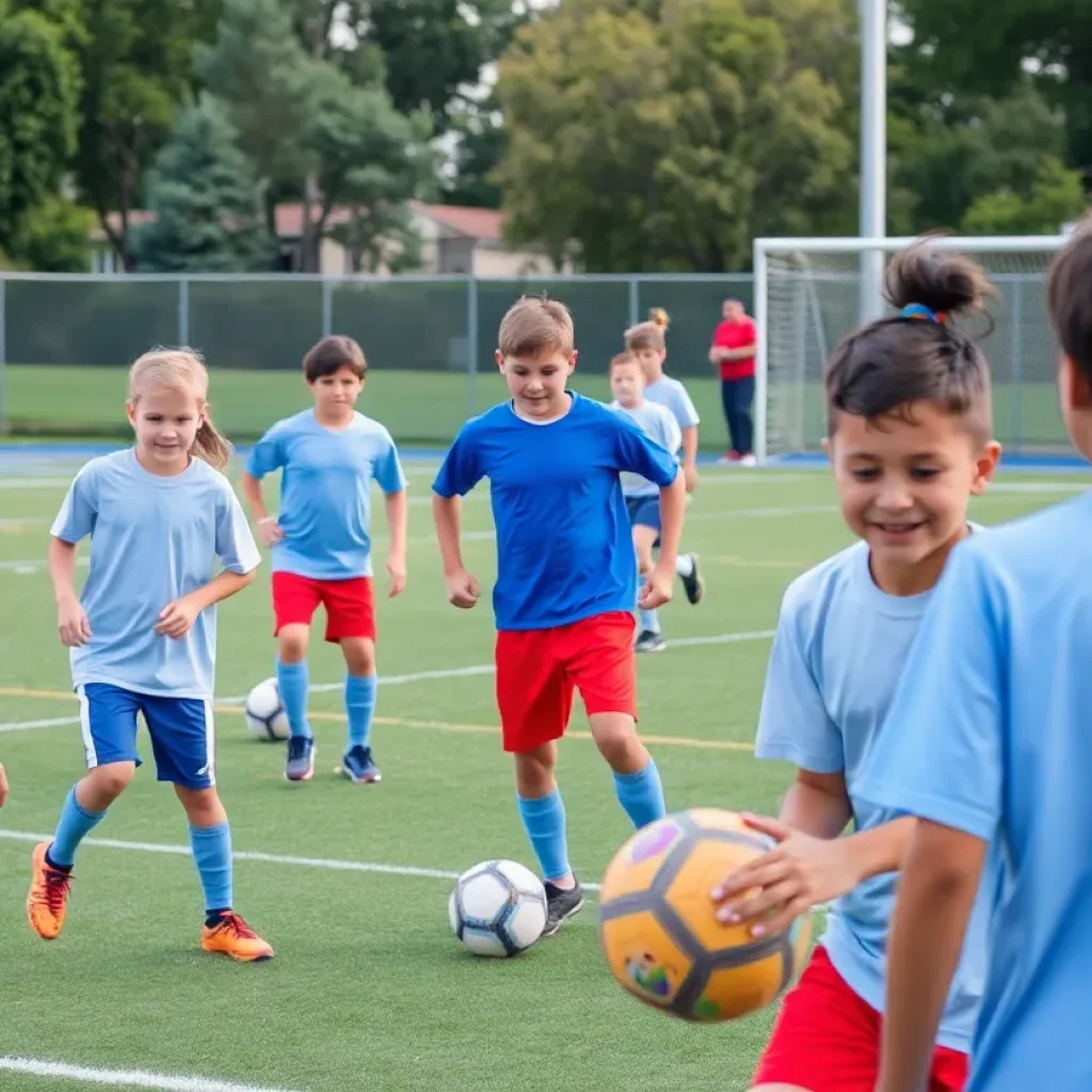 Young athletes practicing football on a sunny field