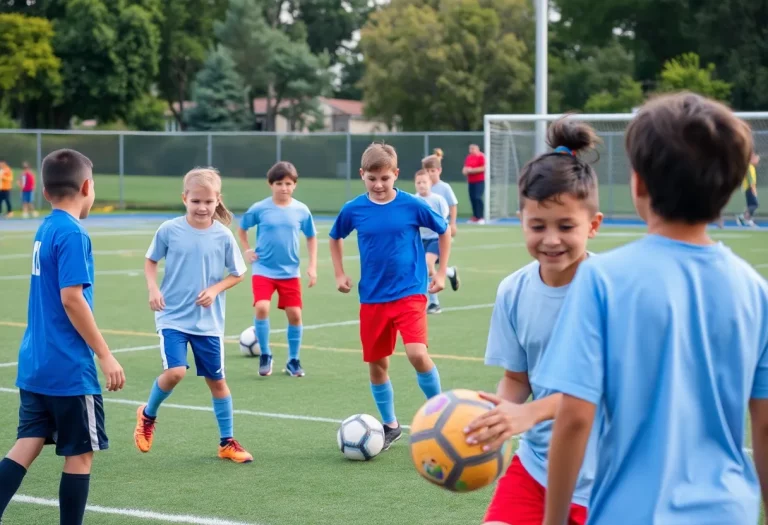 Young athletes practicing football on a sunny field