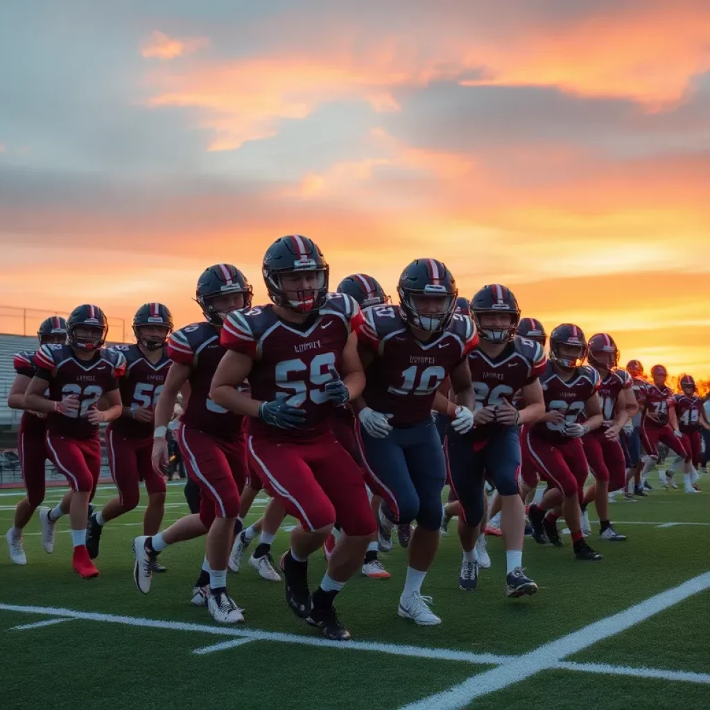 High school football players competing on a Texas field during sunset.