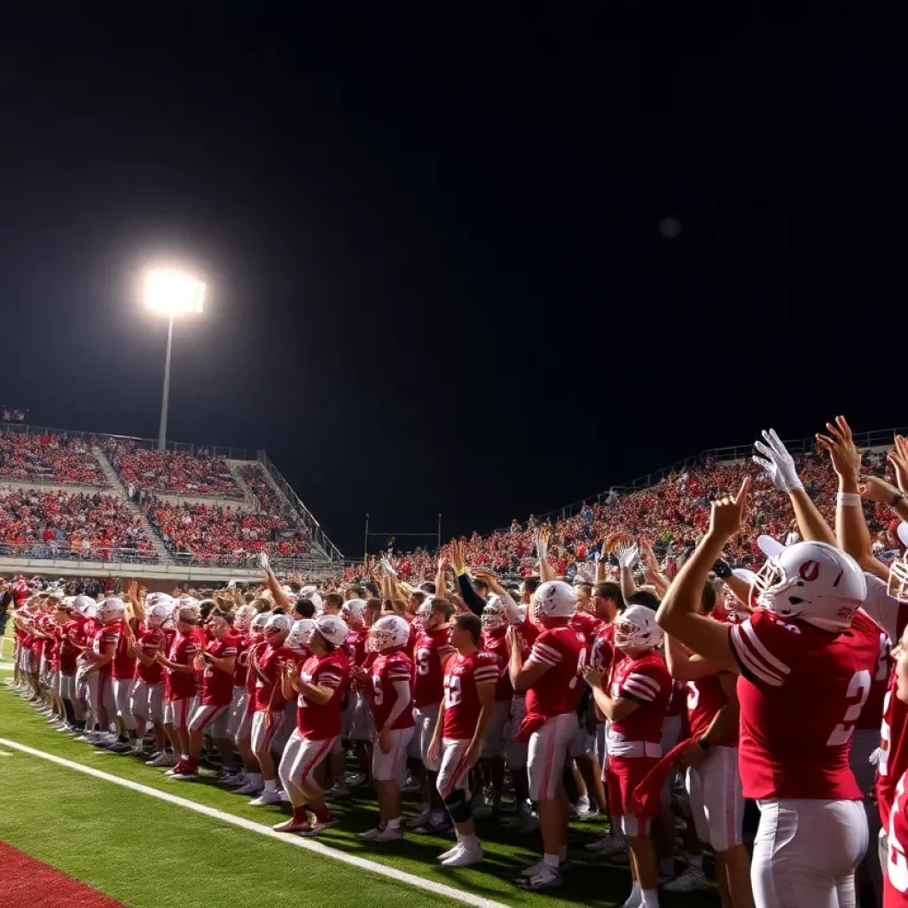 Texas high school football game scene with players and fans