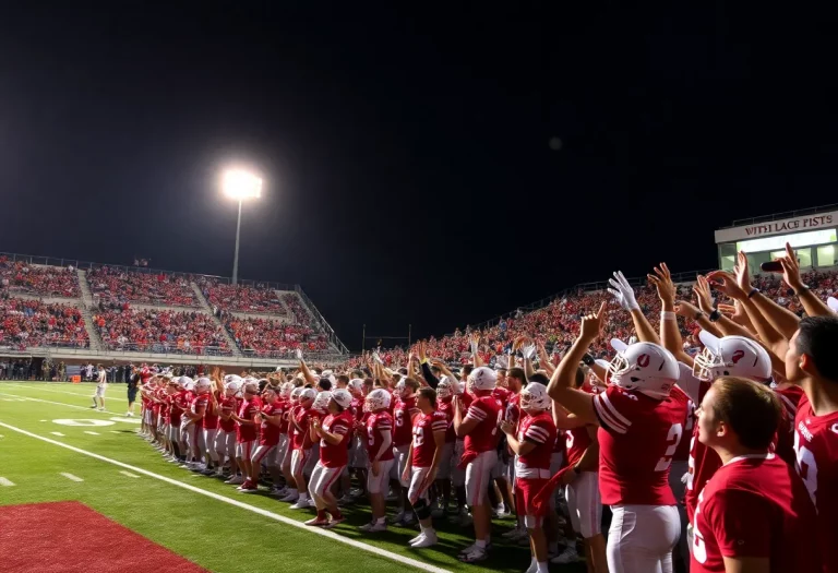 Texas high school football game scene with players and fans