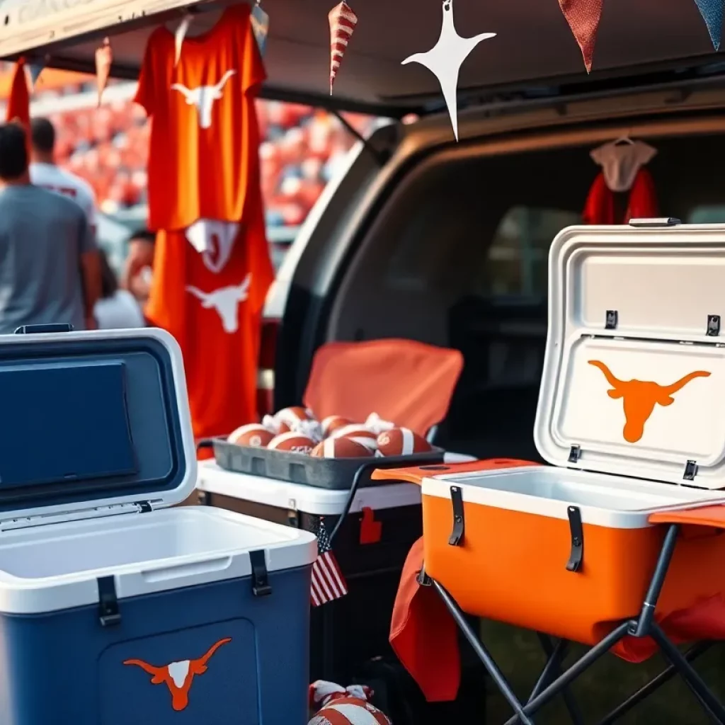 Tailgate collection items including a cooler and stadium seat displayed at a festive sports gathering.