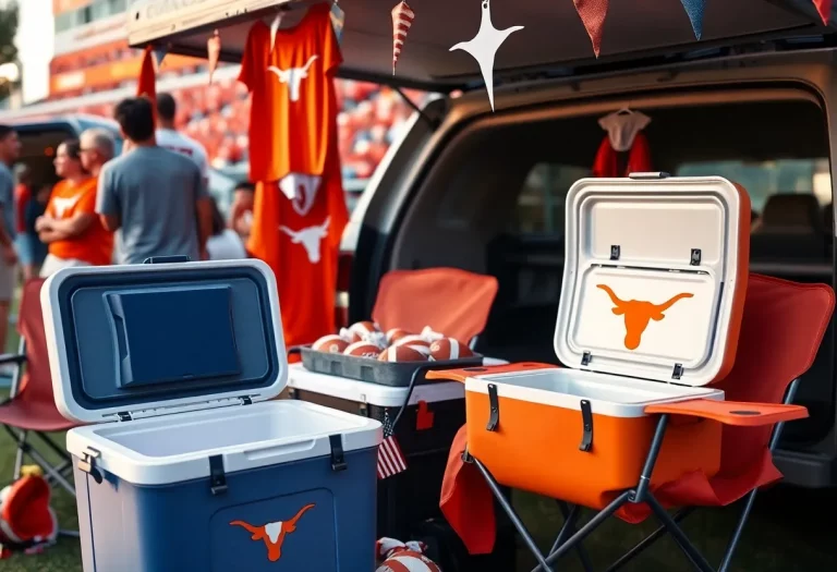 Tailgate collection items including a cooler and stadium seat displayed at a festive sports gathering.