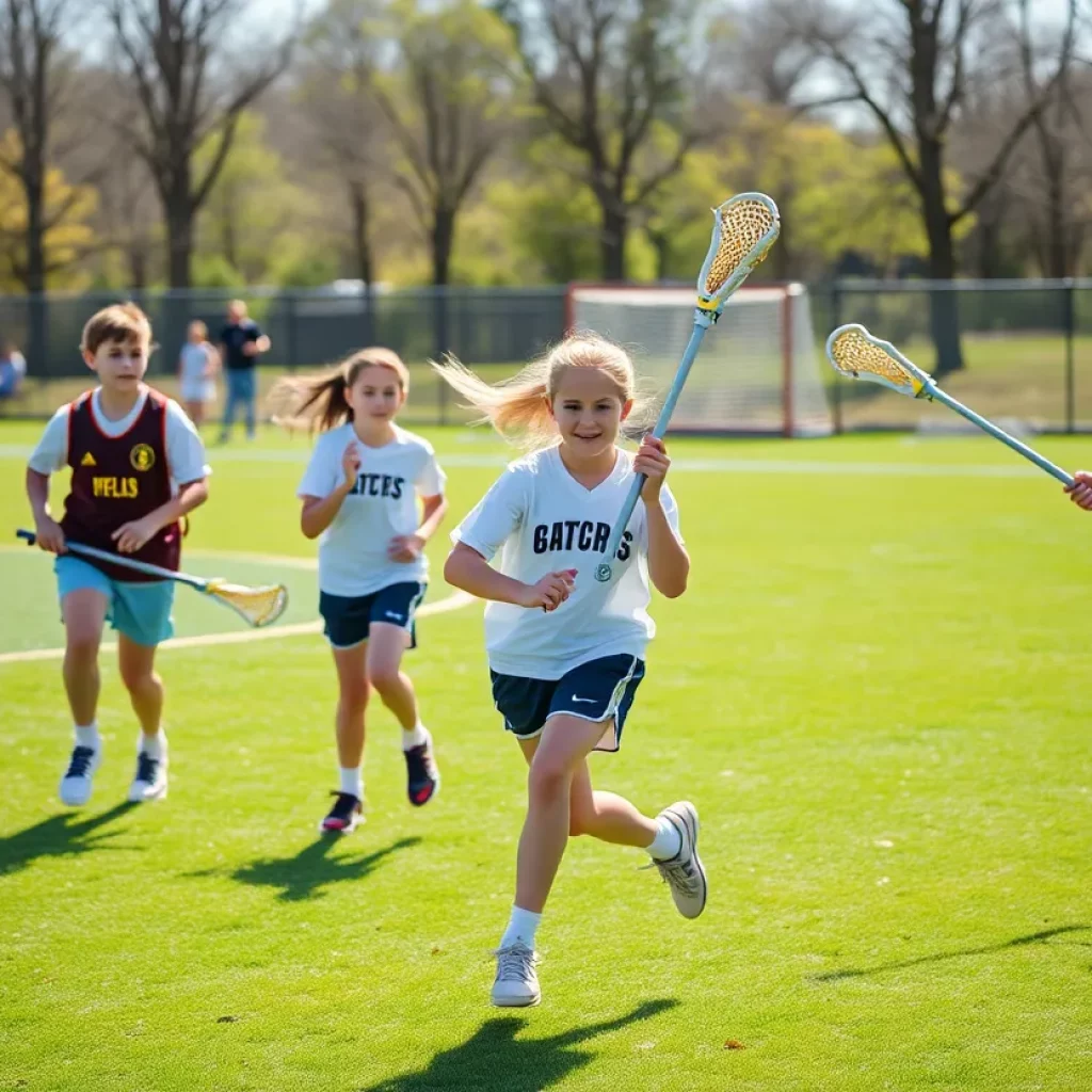 Young lacrosse athletes training together in a field