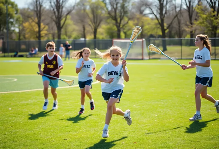 Young lacrosse athletes training together in a field