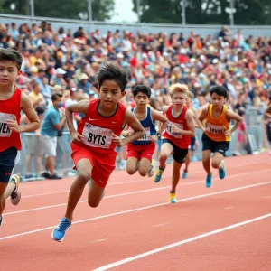 Track athletes racing on a professional track with a cheering audience