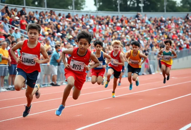 Track athletes racing on a professional track with a cheering audience