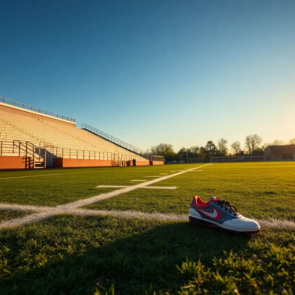 Empty football field with shoes left on the grass